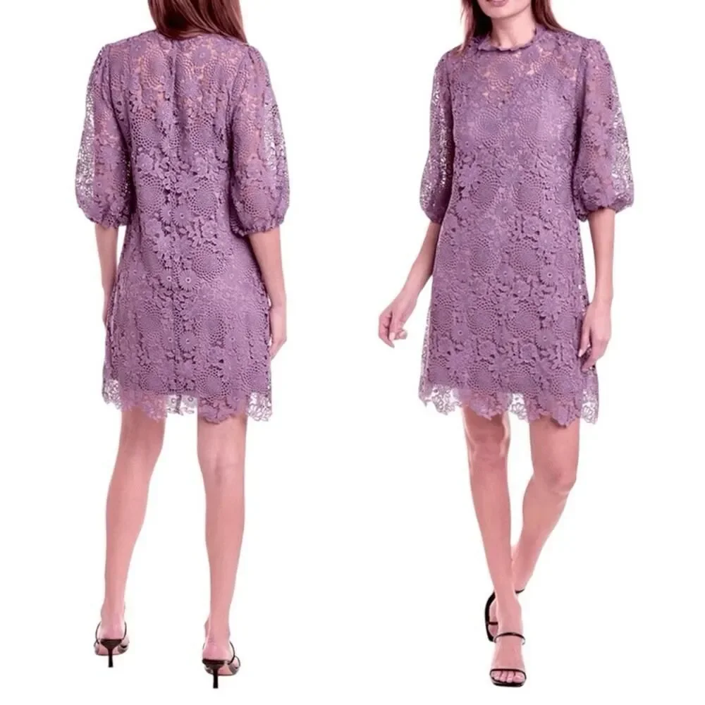 Johnny Was Lorrie Purple Crochet Lace Mini Dress Puff Sleeves Size Medium